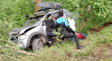 Elektrik direğine çarpan pikap tarlaya uçtu: 2 yaralı